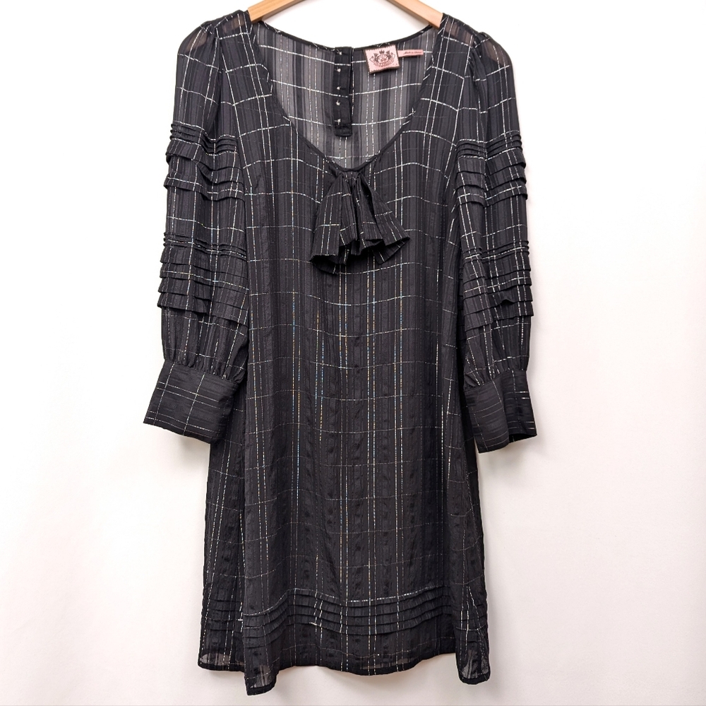 Vintage Juicy Couture Silk Pintuck Bow Dress Sheer Silver Plaid Y2K Whimsigoth 4